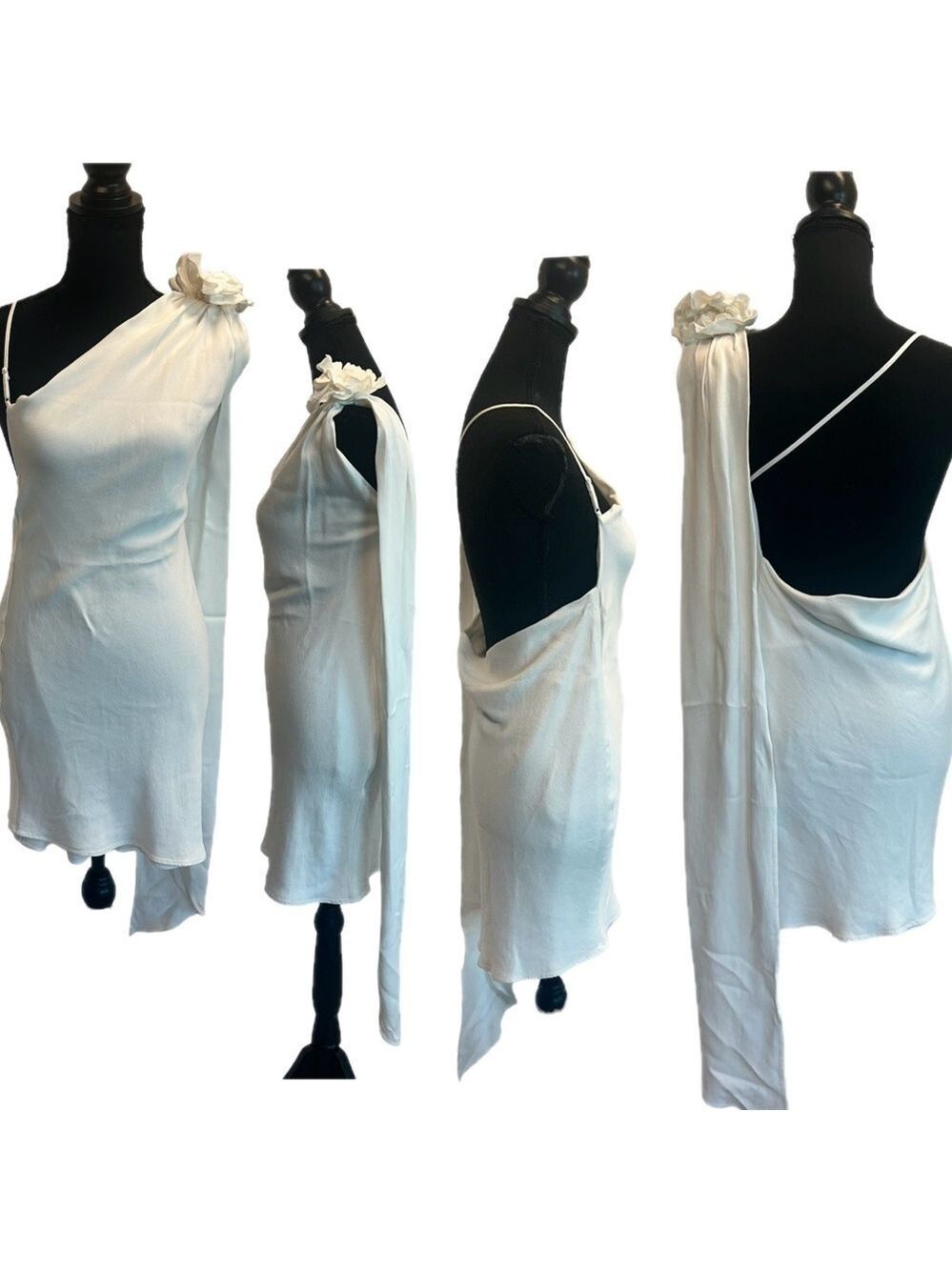 Zara White asymmetrical one shoulder flower draped sash mini dress Sz M NWOT